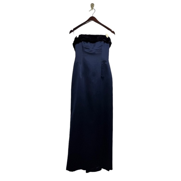 ABS EVENING BY ALLEN SCHWARTZ Strapless Faux Fur Gown Navy 4 - Picture 4 of 12